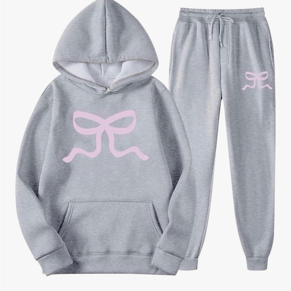 Gray Hoodie/Jogger Set w Pink Bows